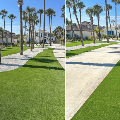 Florida commercial artificial grass installation, palms, pavers. Front lawn in Ponte Vedra, Beach FL. Ameriplay synthetic turf.