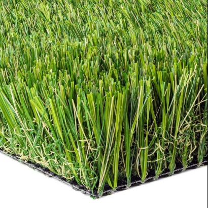 Angled view of Epic Max Permeable synthetic grass, American-made, highlighting vibrant blades.