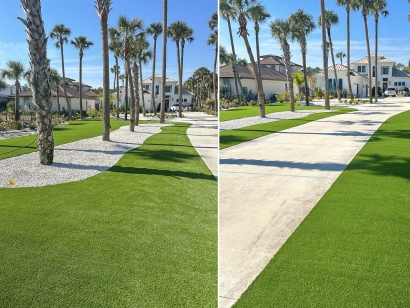 Florida commercial artificial grass installation, palms, pavers. Front lawn in Ponte Vedra, Beach FL. Ameriplay synthetic turf.