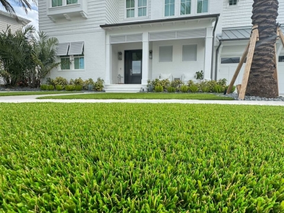Front yard with American Syn-Turf Supreme 60 artificial grass in Tampa, Florida - realistic synthetic lawn for modern coastal homes